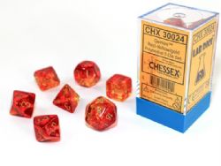 *** ENSEMBLE 7 DÉS POLYÉDRIQUES GEMINI TRANSLUCIDE ROUGE ET JAUNE AVEC CHIFFRES DORÉS